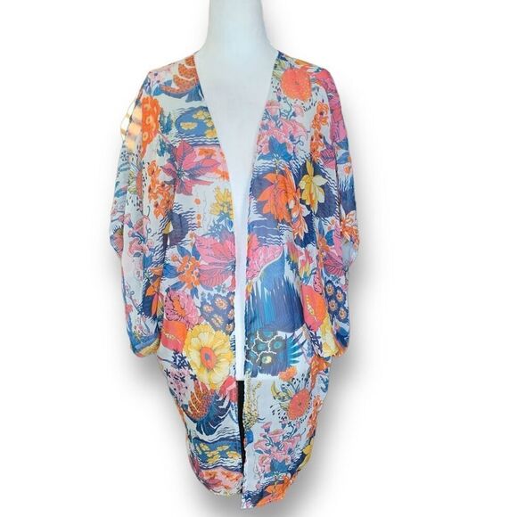 Kimono Swim Coverup Sheer Colorful White Blue Floral Print Open Front Small - Picture 10 of 10